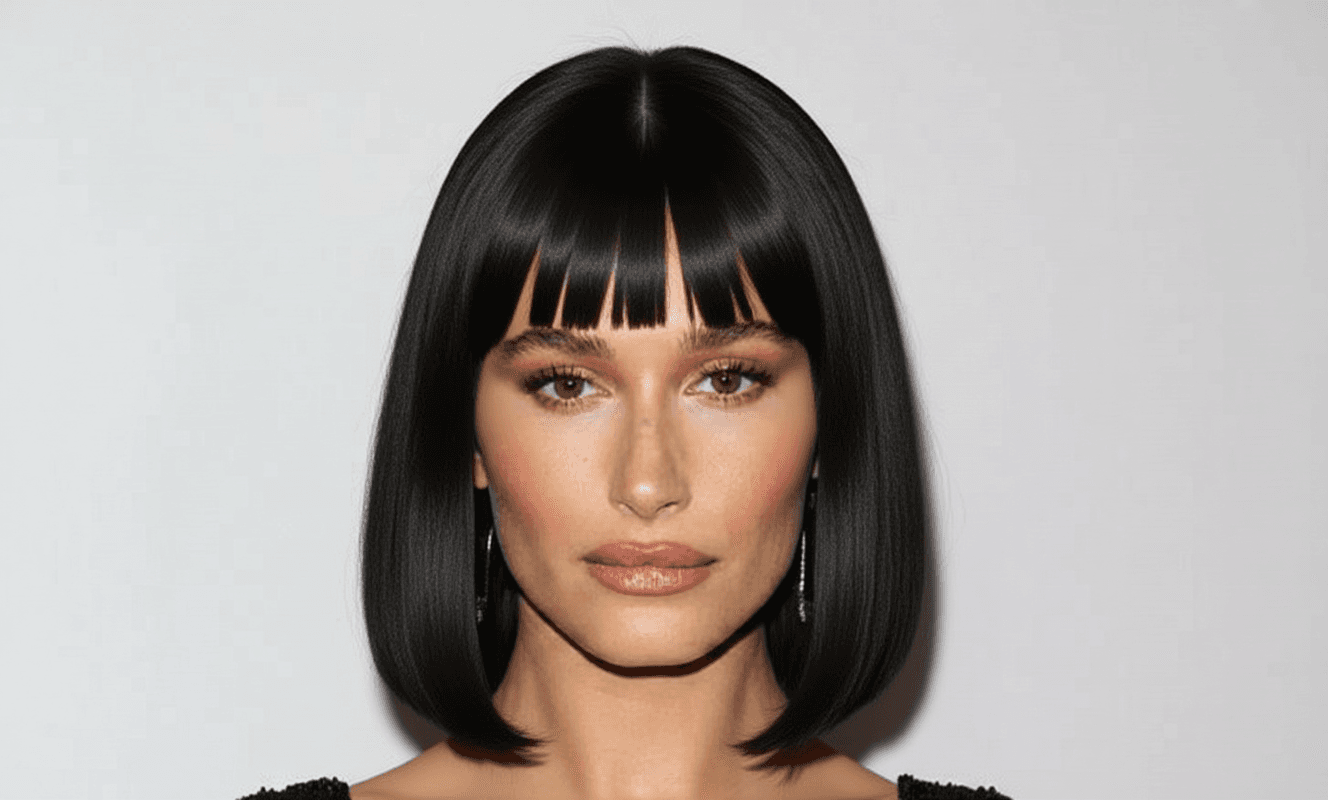 Curtain bangs example: center-parted fringe sweeping out to the cheekbones